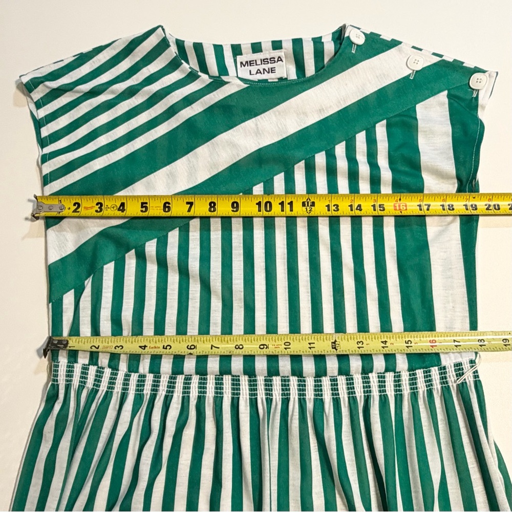 VINTAGE 80s green white stripe dress midi short cap sleeve belted waist nautical - Picture 8 of 11
